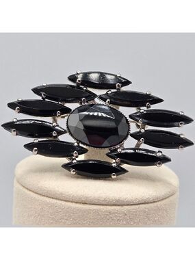 Oval Black Glass Topaz Rhinestone Silver Tone Mourning Vintage Brooch Pin